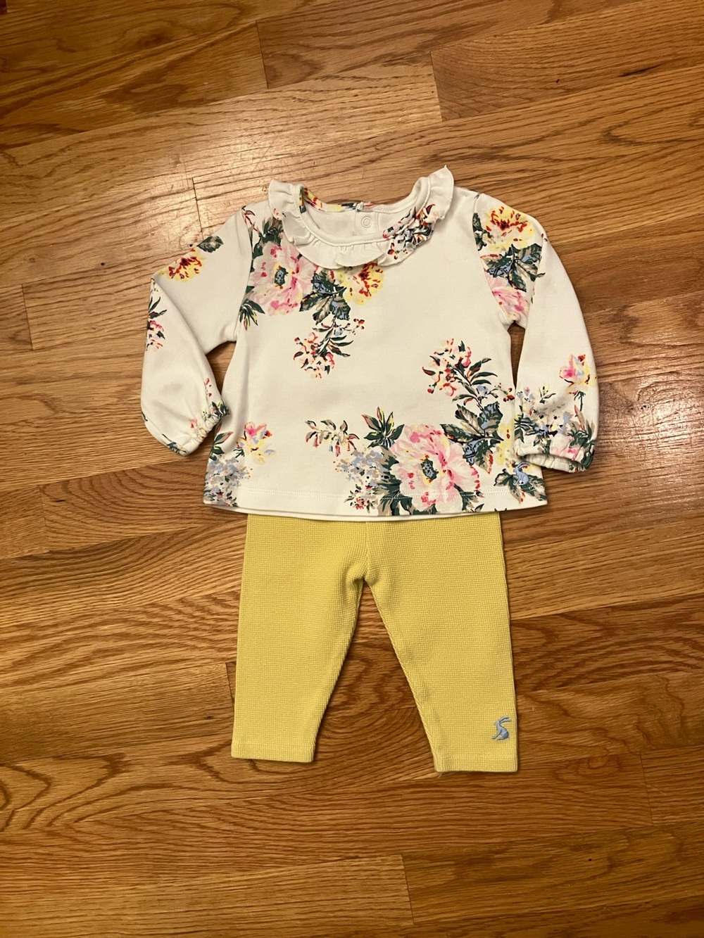Girls Joules White Floral Ruffle Neck Top & Yellow Leggings Set